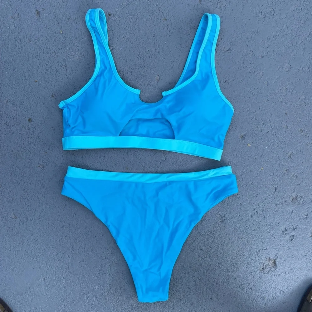 Women Blue Cutout Bikini Sets Push Up High Waisted Swimsuits 2 Piece Size XL